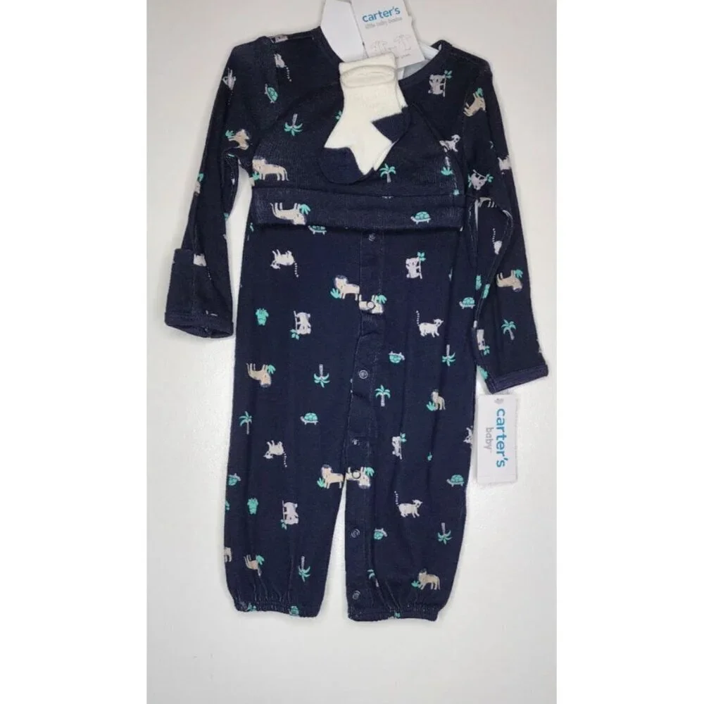 CARTER'S LITTLE BABY SLEEP & PLAY GOWN /BODYSUIT HAT SOCKS NAVY BLUE SIZE 3M